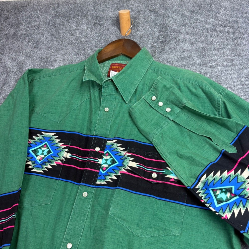 Rustler Western Snap Shirt Mens XL Green Aztec Southwestern Pearl Snap WM2011M